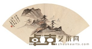 汤涤 1933年作 松岩古剎 扇面镜心 18.5X50.5cm